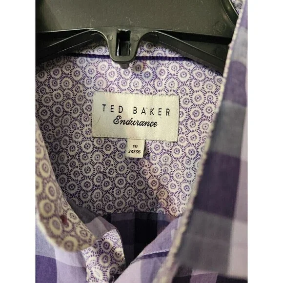 TED BAKER Endurance Men’s Flip Cuff Shirt Plaid Purple Sz 16 34/35 US Sz L NWOT - Picture 2 of 6